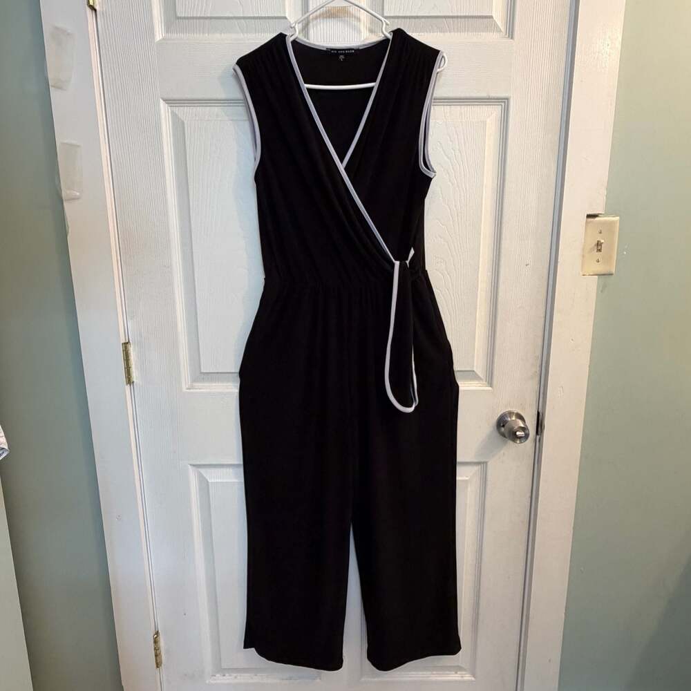 Nik And Nash Sleeveless V-Neck Faux Wrap Jumpsuit with White Contrast Trim